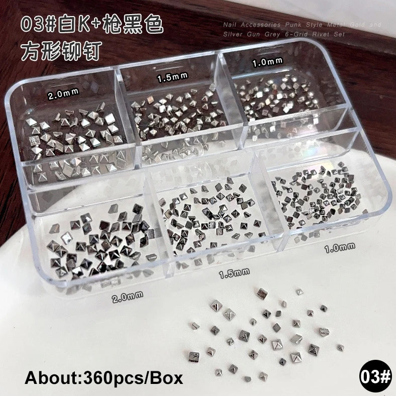 Gun Black Square Rivet Metal Round Ball Cone Alloy Fork Spoon Punk Stars Bowknot Pearl Nail Art Accessories Decorations Manicure