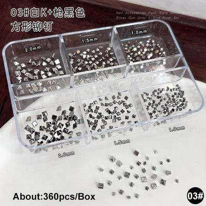 Gun Black Square Rivet Metal Round Ball Cone Alloy Fork Spoon Punk Stars Bowknot Pearl Nail Art Accessories Decorations Manicure