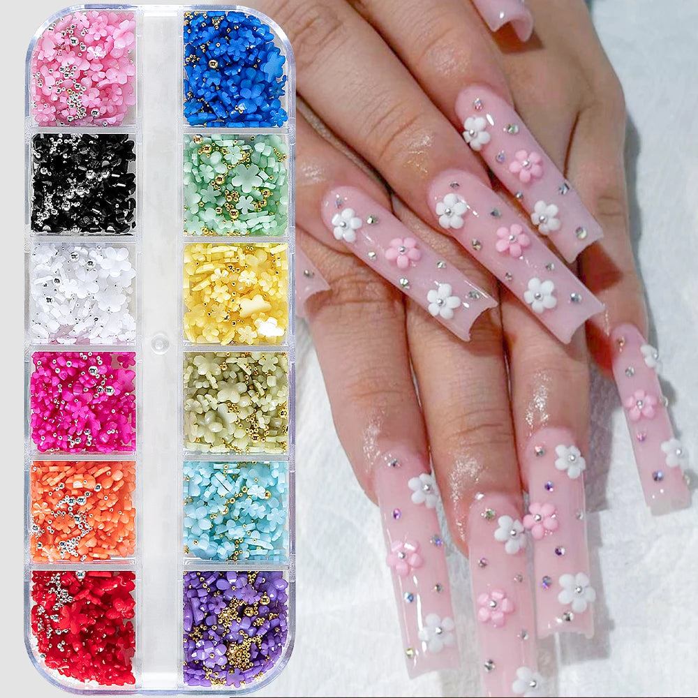 12Grids Mixed-Shape Crystal Nail Art Rhinestones Pink/Red Flatback Nail Gems Luxury Diamond Glass Stones Manicure Decoration