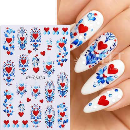 3pcs Valentine's Nail Art Stickers Red Love Heart Petals Leaf Simple Line Adhesive Nail Decals DIY Manicure Decoration Sliders