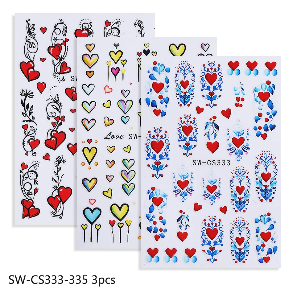 3pcs Valentine's Nail Art Stickers Red Love Heart Petals Leaf Simple Line Adhesive Nail Decals DIY Manicure Decoration Sliders