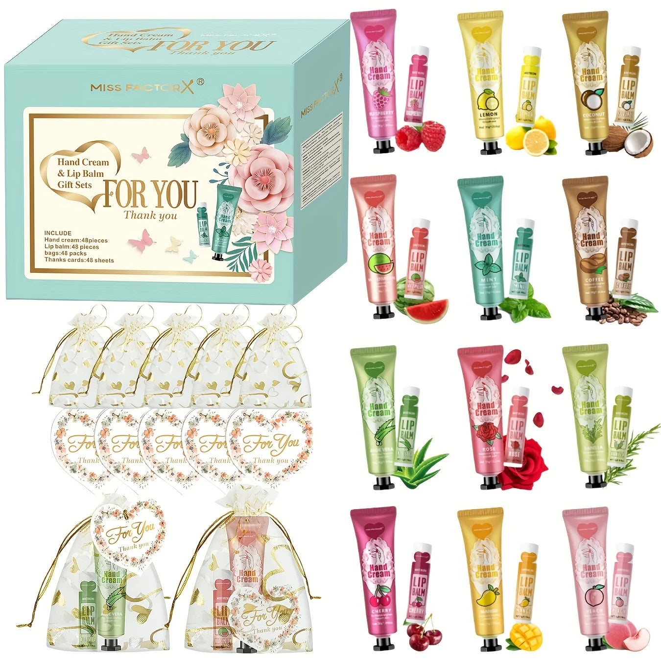 Gift set 48 sets/box, 12 kinds of scented lip balm and hand cream set with mesh bag and thank you card party gift