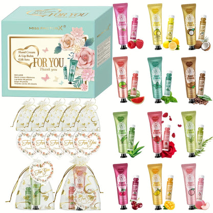 Gift set 48 sets/box, 12 kinds of scented lip balm and hand cream set with mesh bag and thank you card party gift