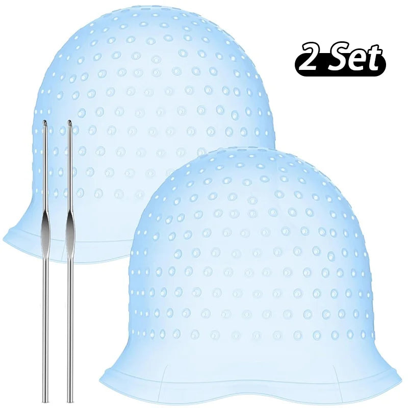 2Set Silicone Hair Coloring Cap Reusable Highlight Cap Frosting Cap with Hook Needle Professional Hair Salon Tools Dyeing Kit