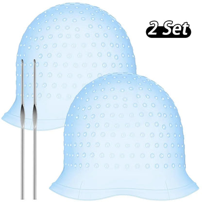 2Set Silicone Hair Coloring Cap Reusable Highlight Cap Frosting Cap with Hook Needle Professional Hair Salon Tools Dyeing Kit