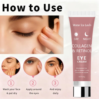 Collagen Retinol Eye Cream. Day Night Formula. Moisturizes Hydrates Deeply. Smooths Firms Eye Area. Soft Supple Skin. 20g.