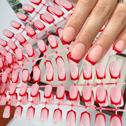 120Pcs Short Square Red French Valentine's Day Fake Nails Nude Pink Glossy Acrylic False Nails Simple Wearable Press on NailTips