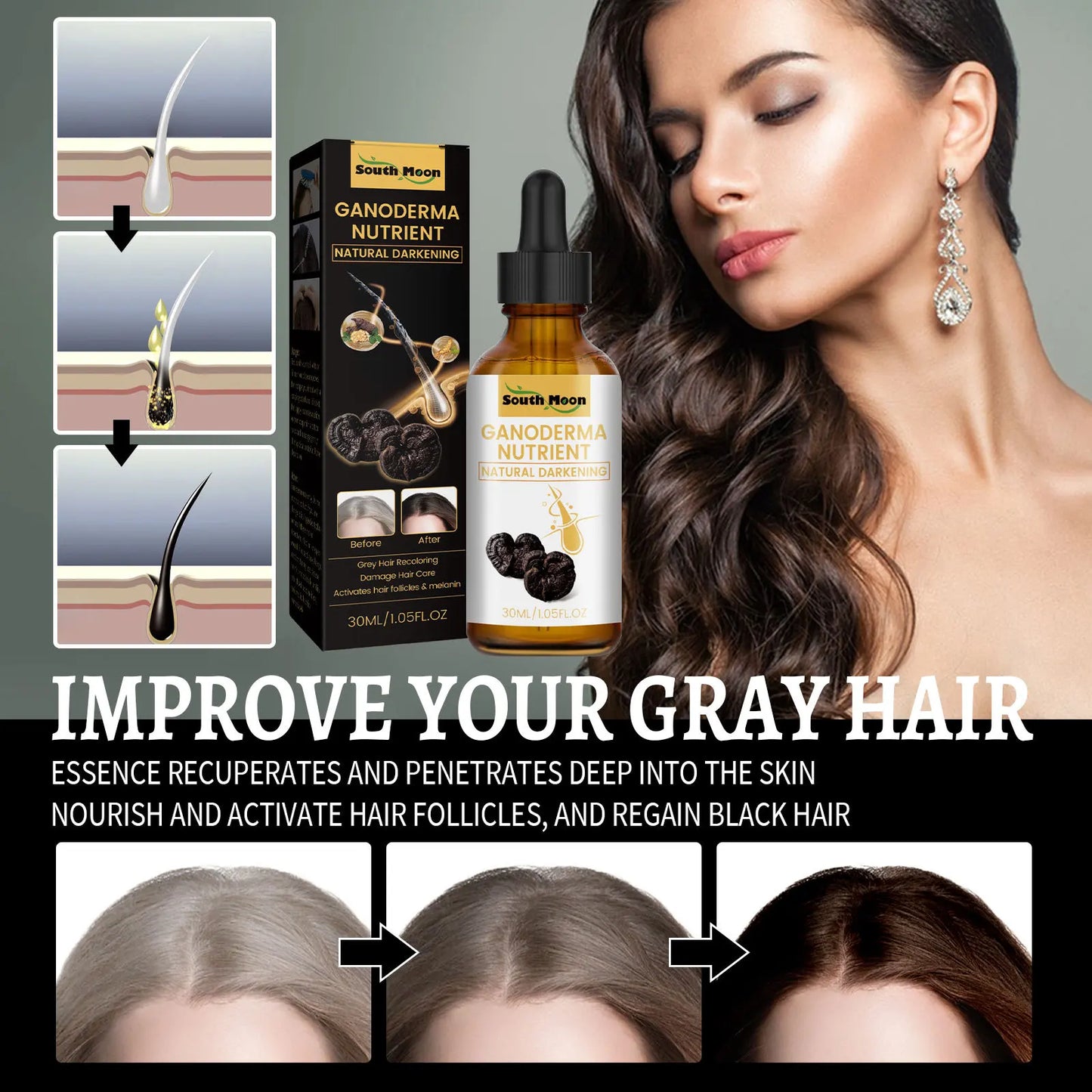 Essence Oil Natural Hair Growth Scalp Black Ganoderma Lucidum White To Black Stop Hair Loss Treatment Products 30ml