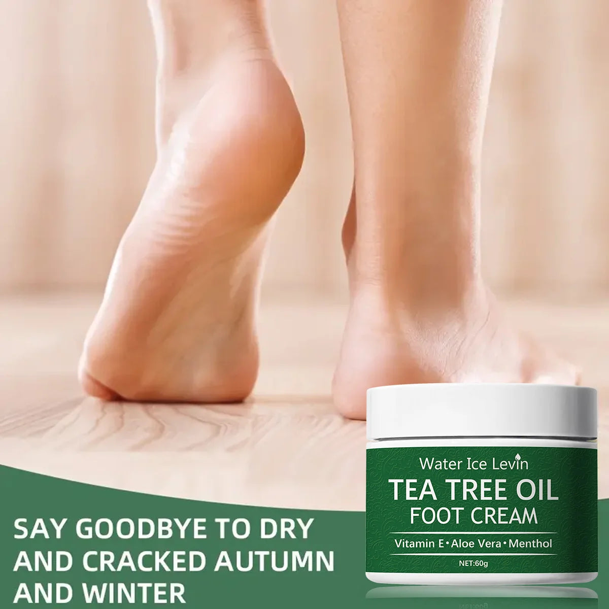 Water Ice Levin Tea Tree Oil Foot Cream – Vitamin E Aloe Vera Menthol Soothes Hydrates Feet Non-Greasy Fast Absorption 60g Net