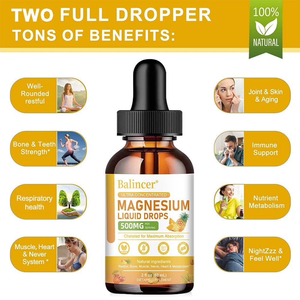 Magnesium Glycinate Liquid Drops, 500mg Complex Supplement for Sleep, Nerve, Energy, Muscle, Bone, Calm & Digestion,2 Fl Oz