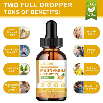 Magnesium Glycinate Liquid Drops, 500mg Complex Supplement for Sleep, Nerve, Energy, Muscle, Bone, Calm & Digestion,2 Fl Oz
