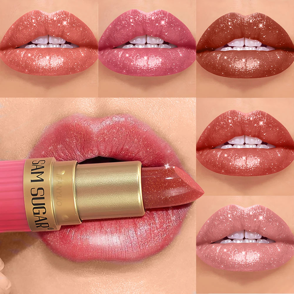 Diamond Glitter Lip Stick Waterproof Lasting Pearlescent Metallic Lip Balm Brown Lipgloss Women Lips Gloss Makeup Cosmetics