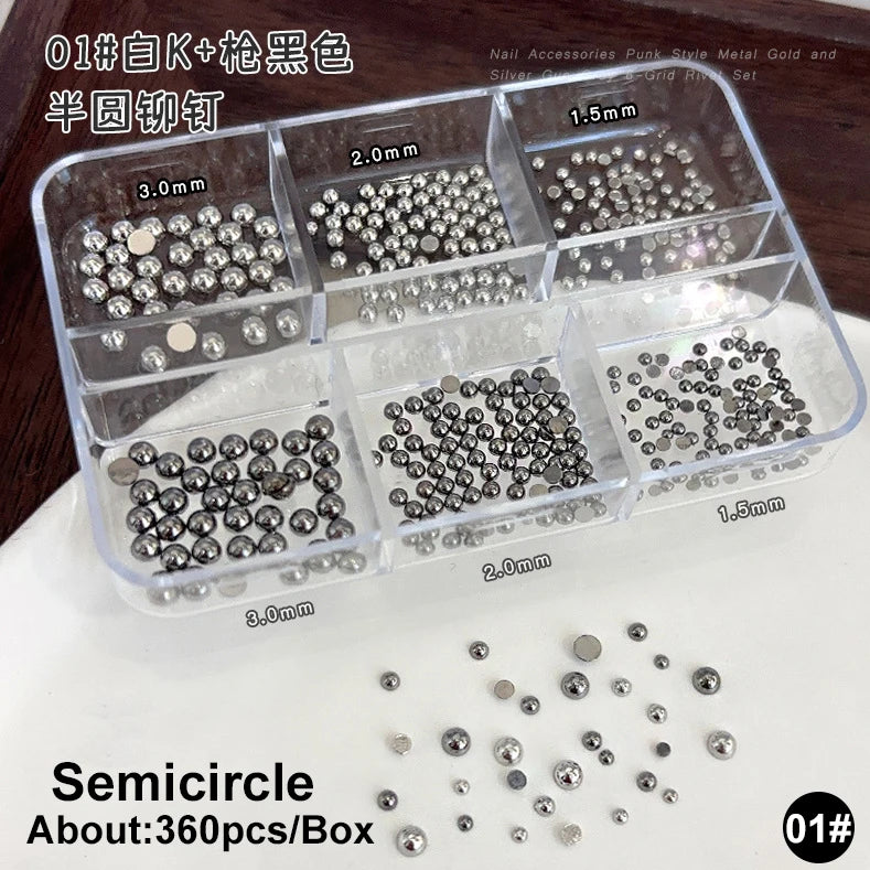 Gun Black Square Rivet Metal Round Ball Cone Alloy Fork Spoon Punk Stars Bowknot Pearl Nail Art Accessories Decorations Manicure