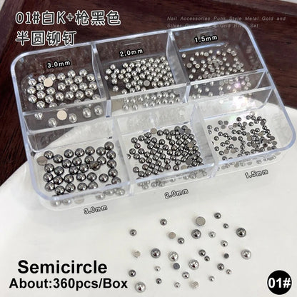 Gun Black Square Rivet Metal Round Ball Cone Alloy Fork Spoon Punk Stars Bowknot Pearl Nail Art Accessories Decorations Manicure