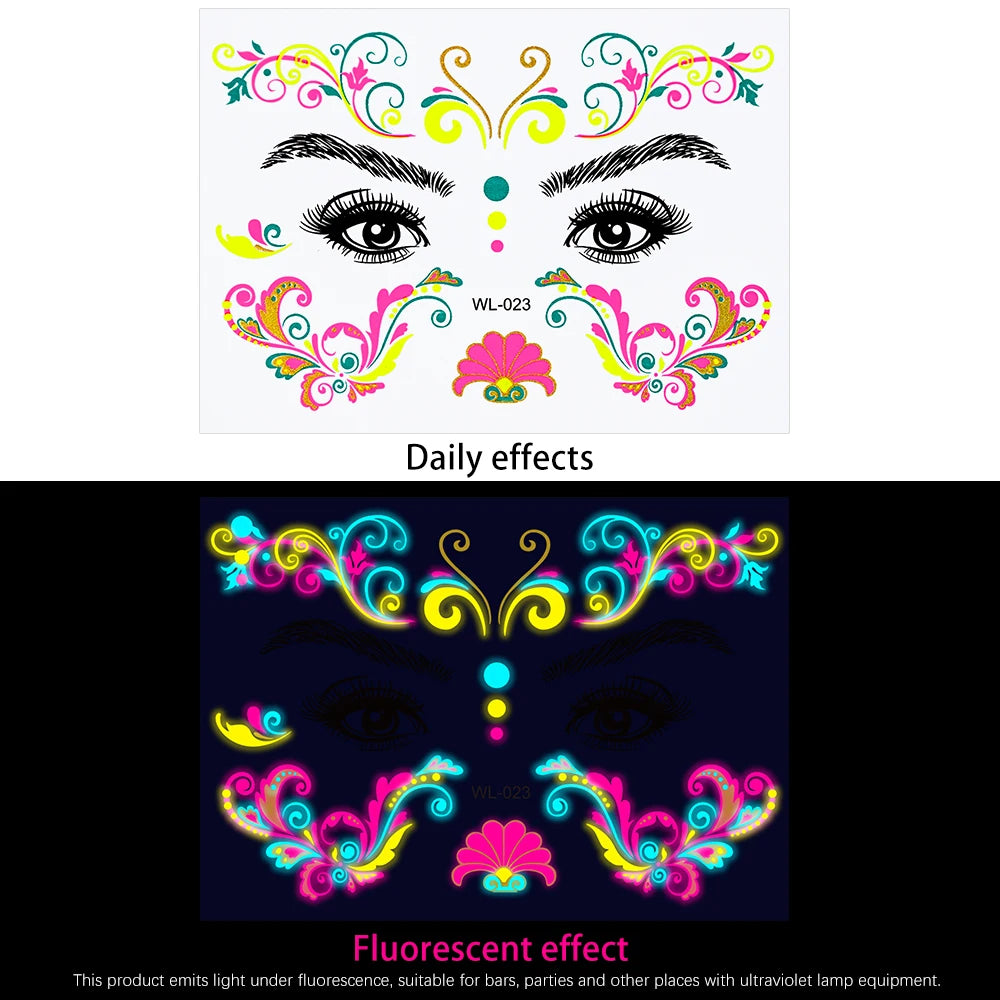 28Pcs Gold Glitter Powder Fluorescent Waterproof Face Tattoo 14x15cm Butterfly/Flowers Makeup Sticker DIY Party Neon Face Decal