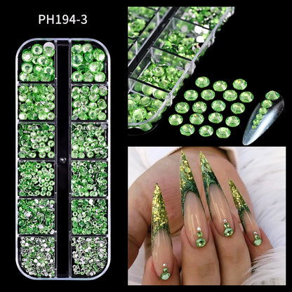 12Grids Mixed-Shape Crystal Nail Art Rhinestones Pink/Red Flatback Nail Gems Luxury Diamond Glass Stones Manicure Decoration