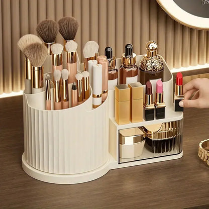 360° Rotating Makeup Organizer with Brush Holder & Drawer Desktop Large Capacity Skincare Cosmetic Tools Lipstick Display Cases
