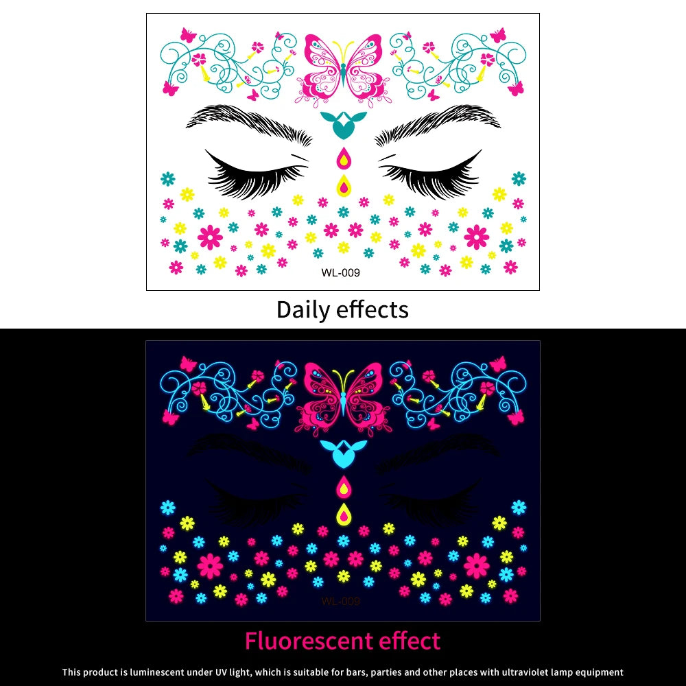 28Pcs Gold Glitter Powder Fluorescent Waterproof Face Tattoo 14x15cm Butterfly/Flowers Makeup Sticker DIY Party Neon Face Decal