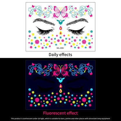 28Pcs Gold Glitter Powder Fluorescent Waterproof Face Tattoo 14x15cm Butterfly/Flowers Makeup Sticker DIY Party Neon Face Decal