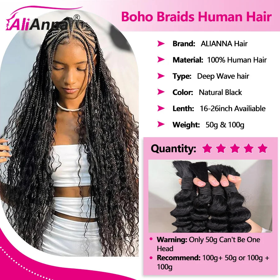 Boho Braids Human Hair Deep Wave Human Hair Braiding Hair 16-26 Inch Bulk Human Hair Bundles 50g/100g Culry Crochet Human Hair