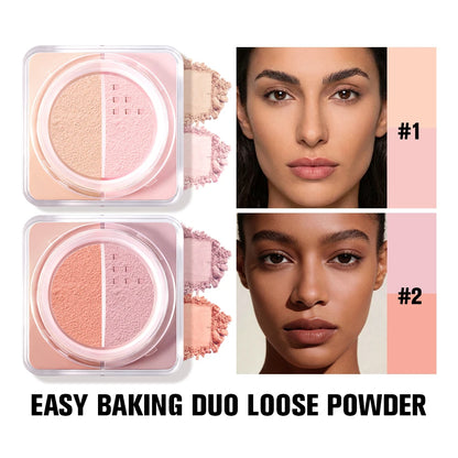 2 in 1 Bake Loose Powder Brightening&Correcting Duo Brightening Correcting Blurred Pores Matte LongLasting Setting Powder Makeup