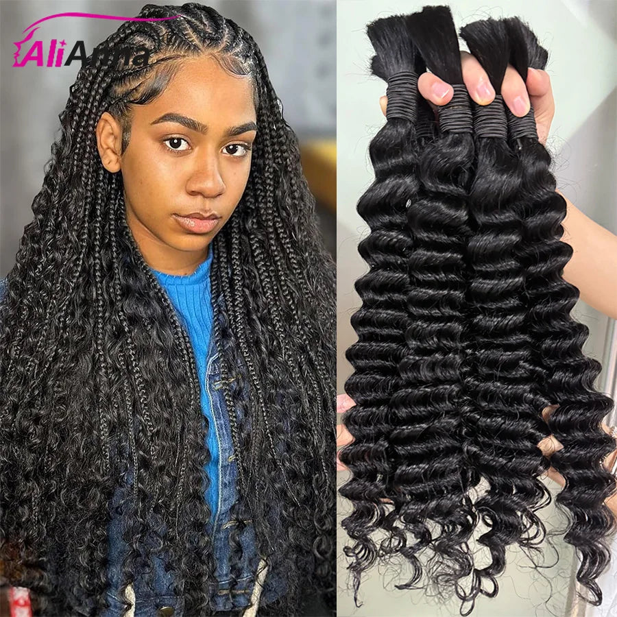 Boho Braids Human Hair Deep Wave Human Hair Braiding Hair 16-26 Inch Bulk Human Hair Bundles 50g/100g Culry Crochet Human Hair