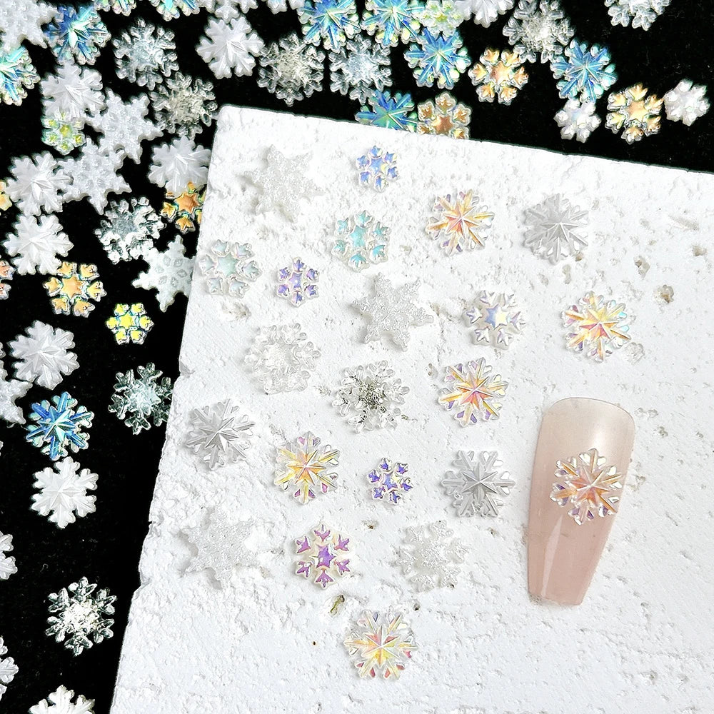 50Pcs White Snowflake Nail Charms Mix Colorful Gems Aurora Winter Snowflake Nail Rhinestones Flat Back  Xmas Manicure Supplies