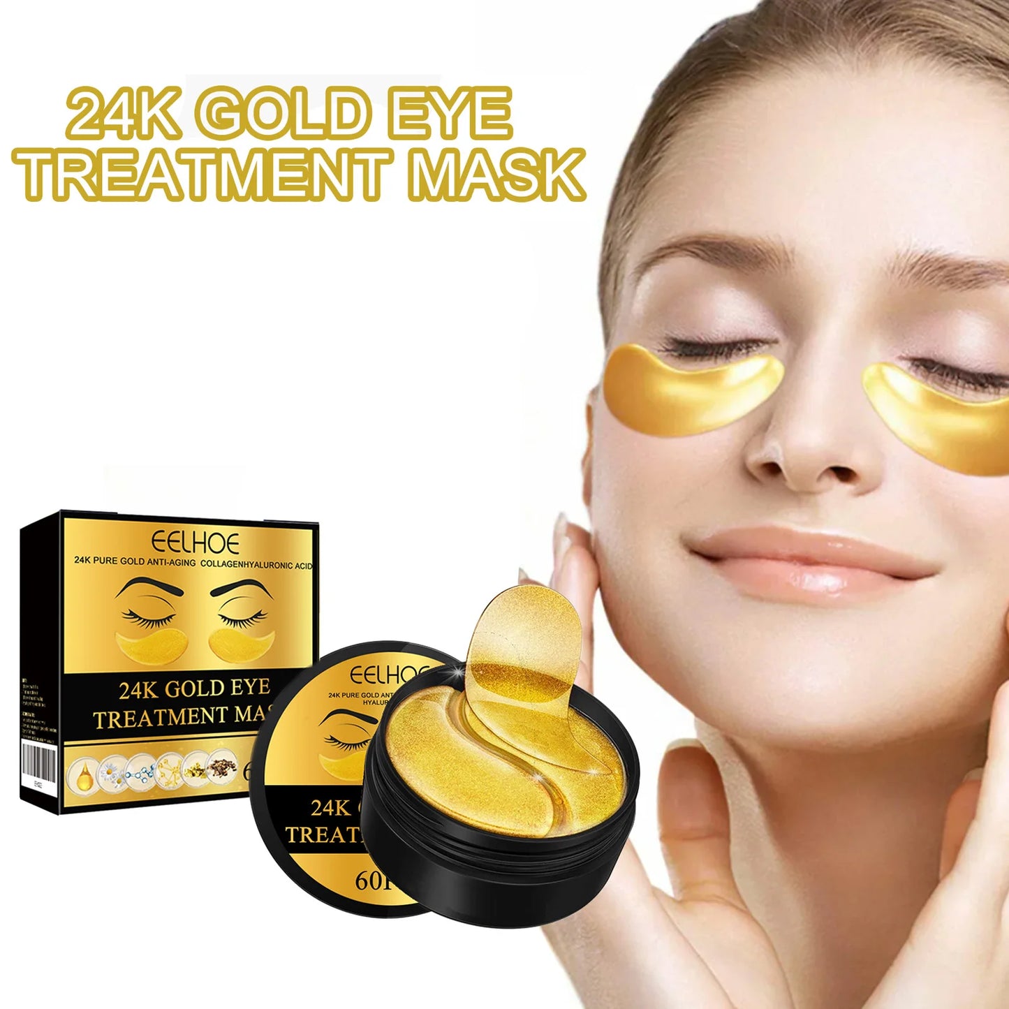24K Gold Eye Treatment Mask Remove Dark Eye Circles Firming Fade Fine Lines Anti-Aging Hyaluronic Acid Collagen Under Eye Mask