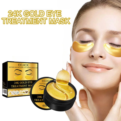 24K Gold Eye Treatment Mask Remove Dark Eye Circles Firming Fade Fine Lines Anti-Aging Hyaluronic Acid Collagen Under Eye Mask