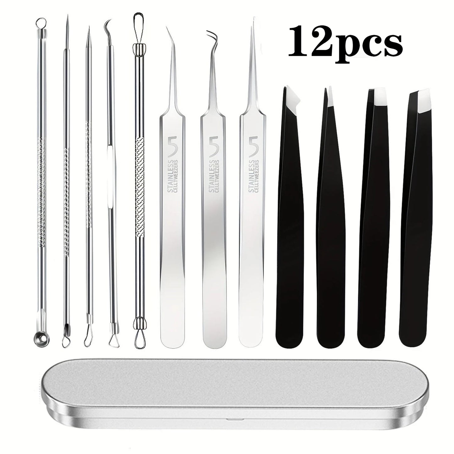 12pcs Blackhead Tools,Pimple Popper Tool Kit, Quick and Easy of and Blackheads,Precise Eyebrow Tweezers for Facial Hair women