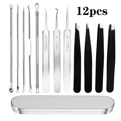 12pcs Blackhead Tools,Pimple Popper Tool Kit, Quick and Easy of and Blackheads,Precise Eyebrow Tweezers for Facial Hair women