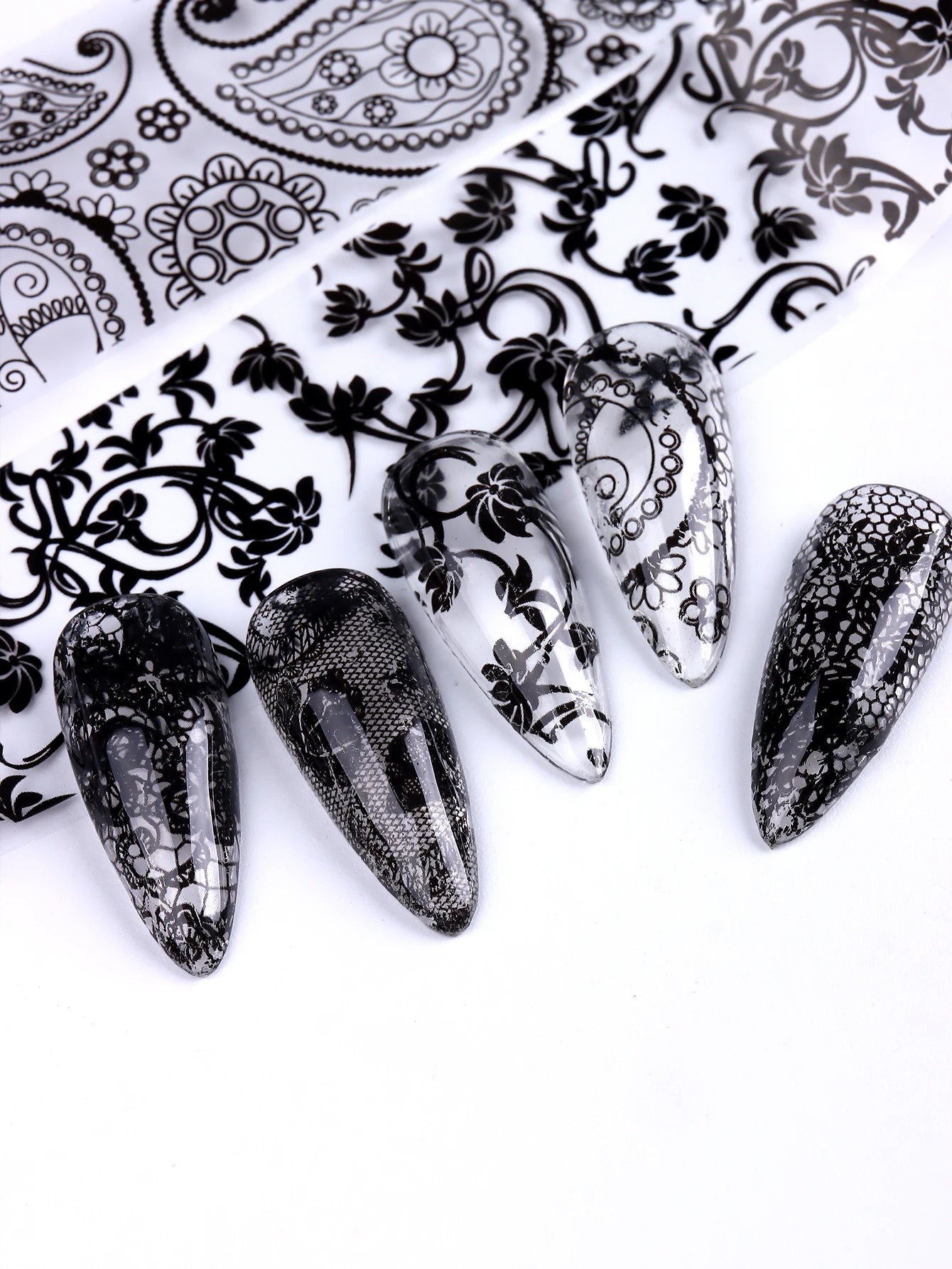 10 Sheets Lace Nail Foil White & Black Nail Stickers Design Transfer Foils Starry Sky Paper Nail Art Foil Decals for Nails Salon