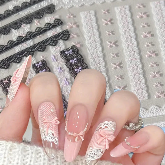 Japanese Bowknot Lace Heart Nail Stickers Self Adhesive Sweet Cool Pink Black Lace Nail Decals Cool Girls Manicure Decorations