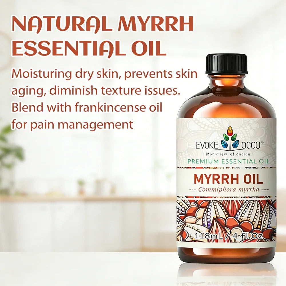 EVOKE OCCU Myrrh Essential Oils, 118ML/4 Fl.Oz. Pure Myrrh Oil for Body Relief Skin Care Humidifier Massage Candle Soap Making