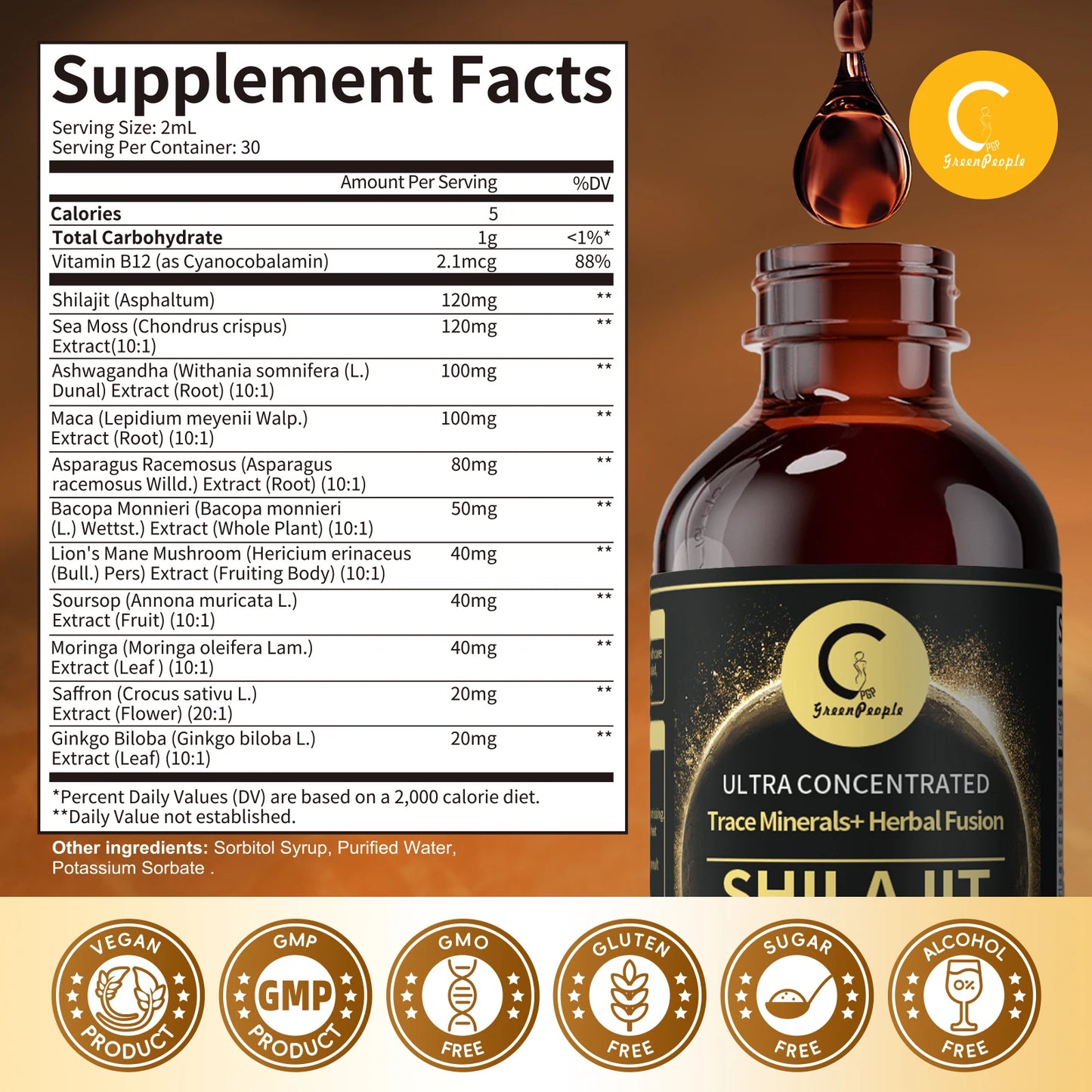 Shilajit Liquid Drops with Sea Moss, Ashwagandha, Maca, Moringa Liquid Vitamins for Women and Men -Trace Minerals+HerbalFusion