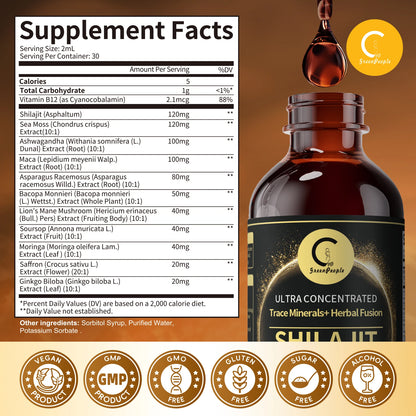Shilajit Liquid Drops with Sea Moss, Ashwagandha, Maca, Moringa Liquid Vitamins for Women and Men -Trace Minerals+HerbalFusion