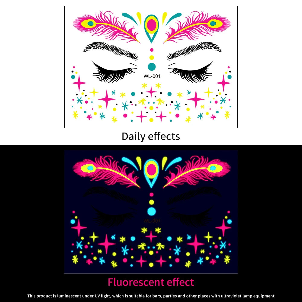 28Pcs Gold Glitter Powder Fluorescent Waterproof Face Tattoo 14x15cm Butterfly/Flowers Makeup Sticker DIY Party Neon Face Decal