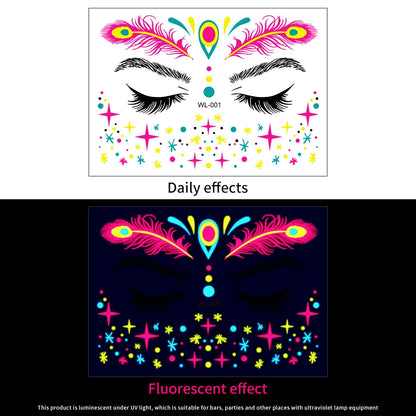 28Pcs Gold Glitter Powder Fluorescent Waterproof Face Tattoo 14x15cm Butterfly/Flowers Makeup Sticker DIY Party Neon Face Decal