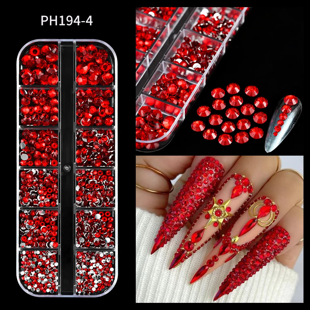 12Grids Mixed-Shape Crystal Nail Art Rhinestones Pink/Red Flatback Nail Gems Luxury Diamond Glass Stones Manicure Decoration
