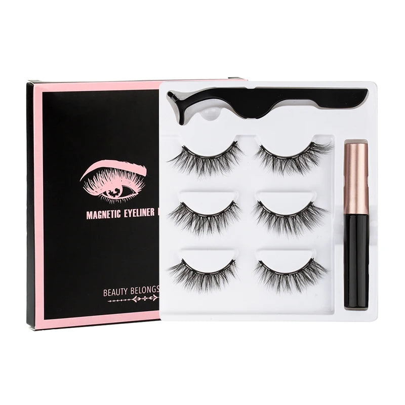 Hot 1/3Pairs Magnetic Eyelashes Soft False Lashes Repeated Use Mink Lashes Waterproof Liquid Eyeliner Tweezer Eyelash Makeup Set