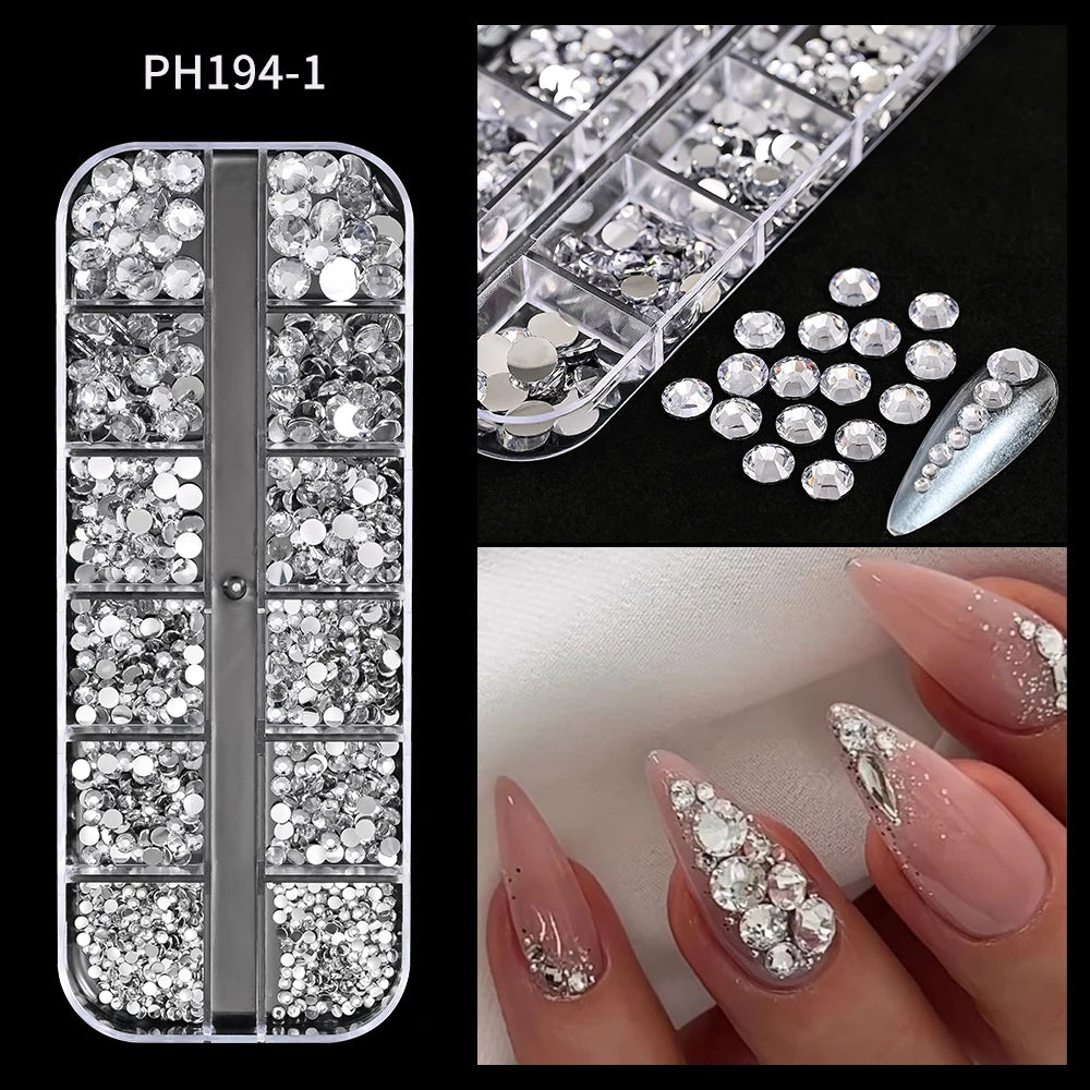 12Grids Mixed-Shape Crystal Nail Art Rhinestones Pink/Red Flatback Nail Gems Luxury Diamond Glass Stones Manicure Decoration