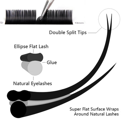 Befer Matte Ellipse Flat Lashes Extension Split-Tips Individual False Eyelash Mix8-15 Soft Ellipse Wires Professionals Supplies
