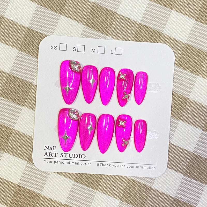 10Pcs Cat Eye Press on Nails Handmade Acrylic Fake Nail Full Cover Reusable Almond Pink Press ons Artificial Tips Women Glitter