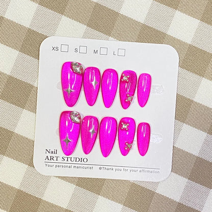 10Pcs Cat Eye Press on Nails Handmade Acrylic Fake Nail Full Cover Reusable Almond Pink Press ons Artificial Tips Women Glitter