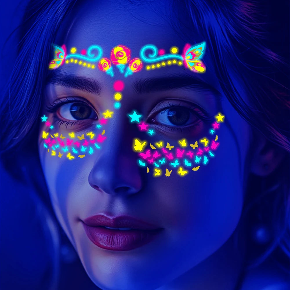 28Pcs Gold Glitter Powder Fluorescent Waterproof Face Tattoo 14x15cm Butterfly/Flowers Makeup Sticker DIY Party Neon Face Decal