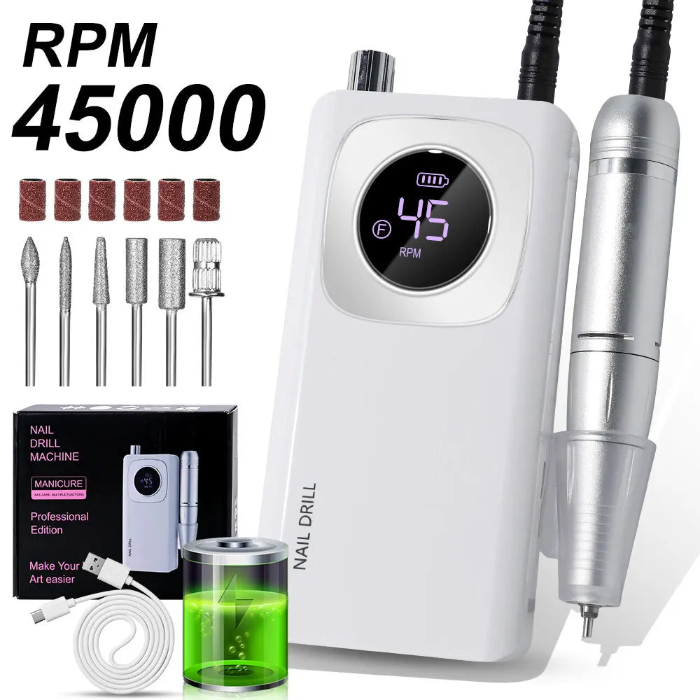 45000 RPM Electric Portable Nail Drill Machine Rechargeable for Gel Nails Polish Portable Nail File Manicure Salon & Home Tools