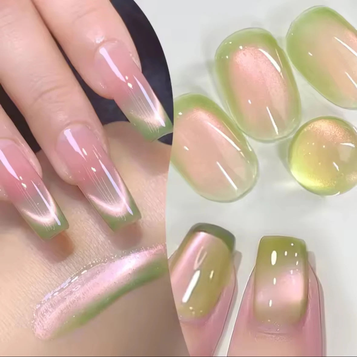 12ML 2025 New Guava Cat Eye Nail Gel Polish - Grape Green Shade with Whitening Effect, Dual-Light Glass Bead Cat Eye Finish