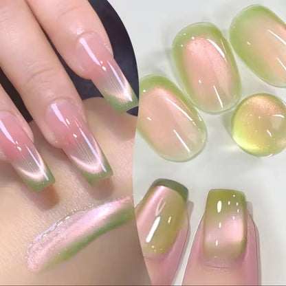 12ML 2025 New Guava Cat Eye Nail Gel Polish - Grape Green Shade with Whitening Effect, Dual-Light Glass Bead Cat Eye Finish