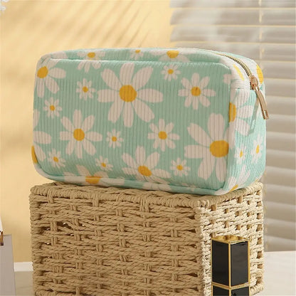 Trendy Large Capacity Corduroy Makeup Bag Travel Printed Toiletry Organizer Bag Makeup Brush Skincare Storage Bag for Women