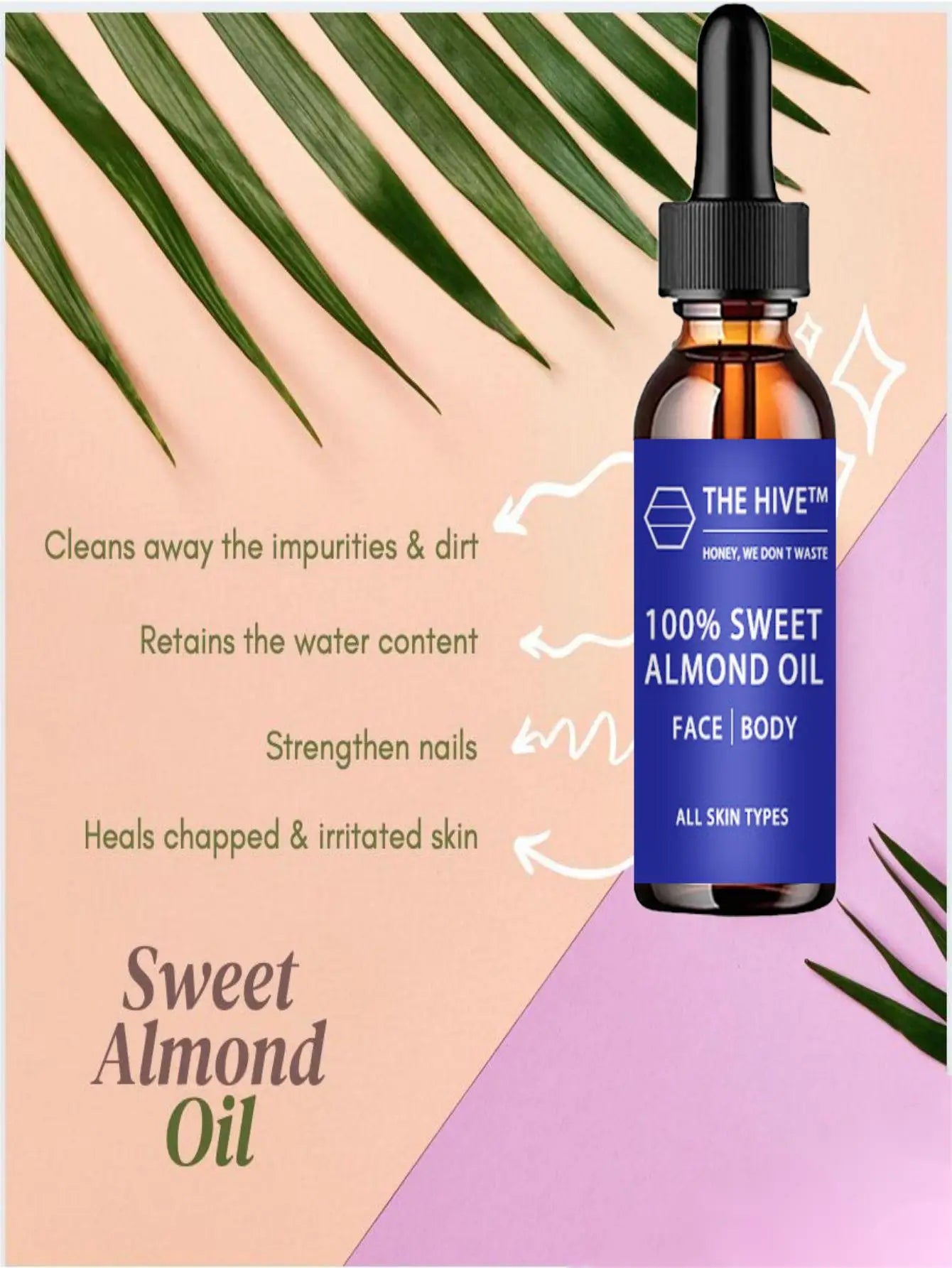 100% sweet almond oil essence shrinks pores, reduces fine lines, nourishes skin, and cleans face
